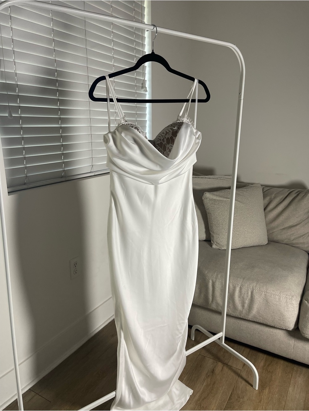JLUXLABEL White Satin Slip Gown with Lace-Trim Cups